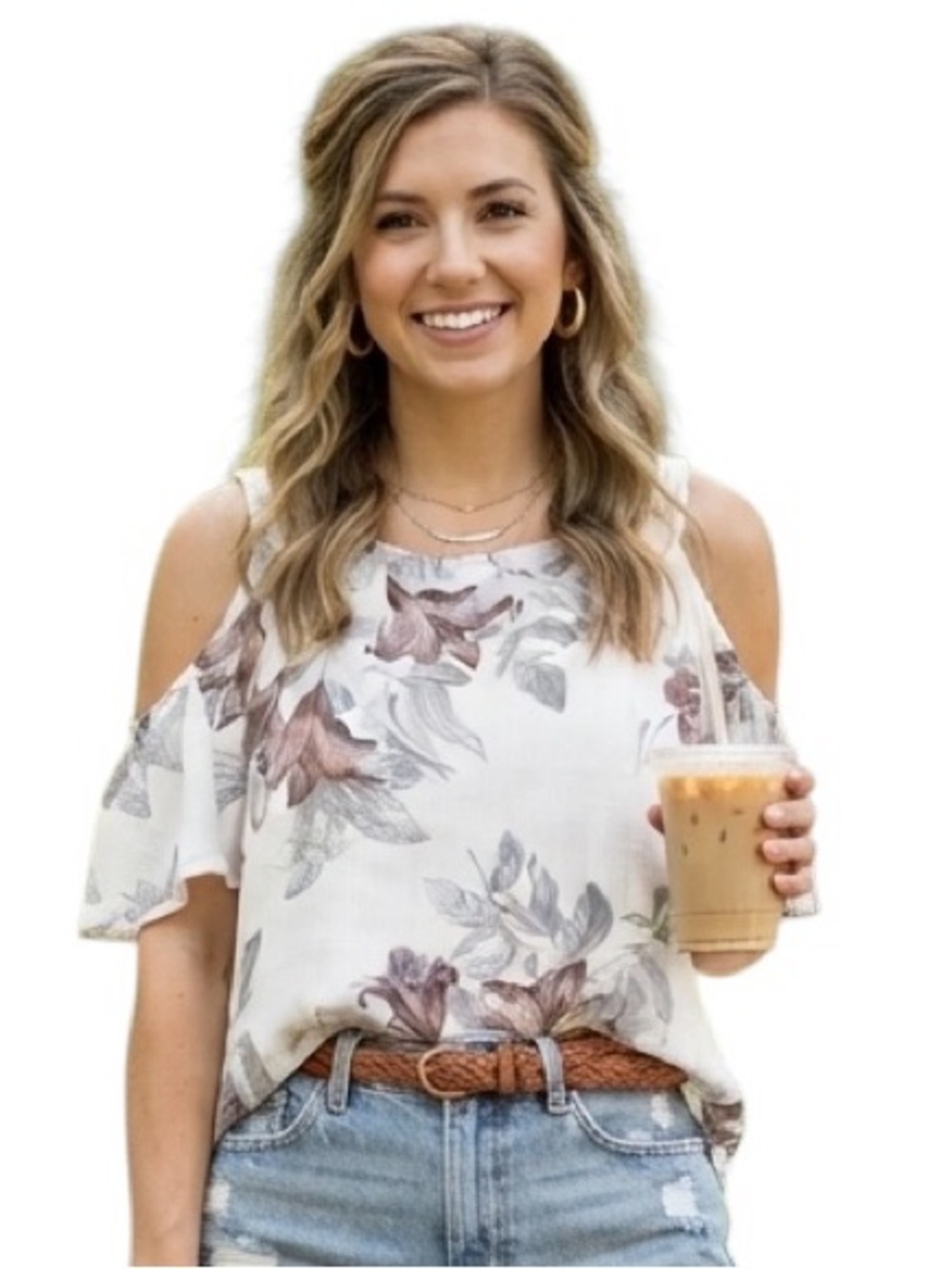 One Clothing Women's Blouse Flowy Cold Shoulder Floral 100% Rayon Size Large
